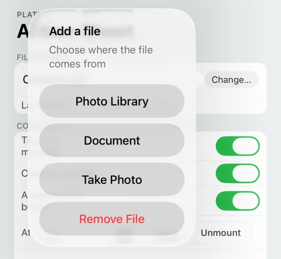 The action sheet on iOS 26, a popover pointing at the Add File button