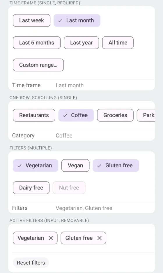 Material 3 filter, input, assist and suggestion chips on Android